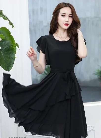 Elizy Women Black Plain Flair Georgette Short Dress - M, Black